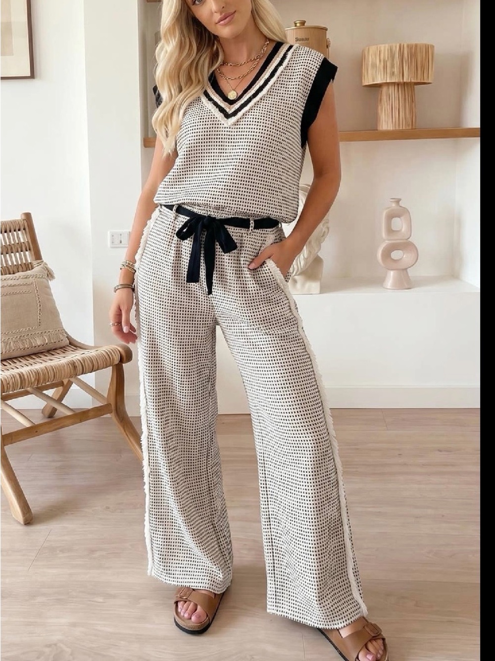 Cream Knit Wide-Leg Pants with Black Drawstring